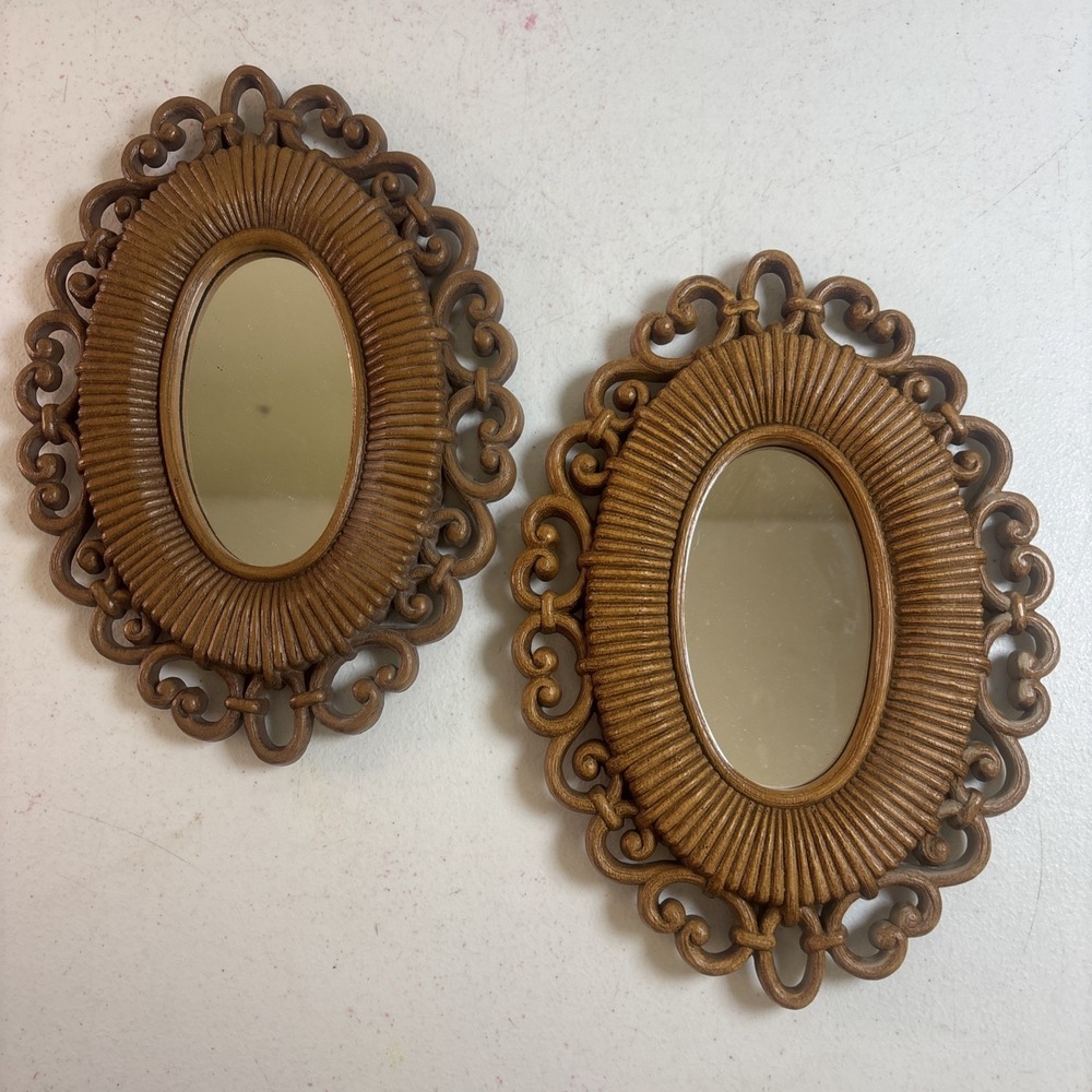 VINTAGE PR HOMCO BROWN RATTAN WICKER SMALL ACCENT MIRRORS 2615 9.5"